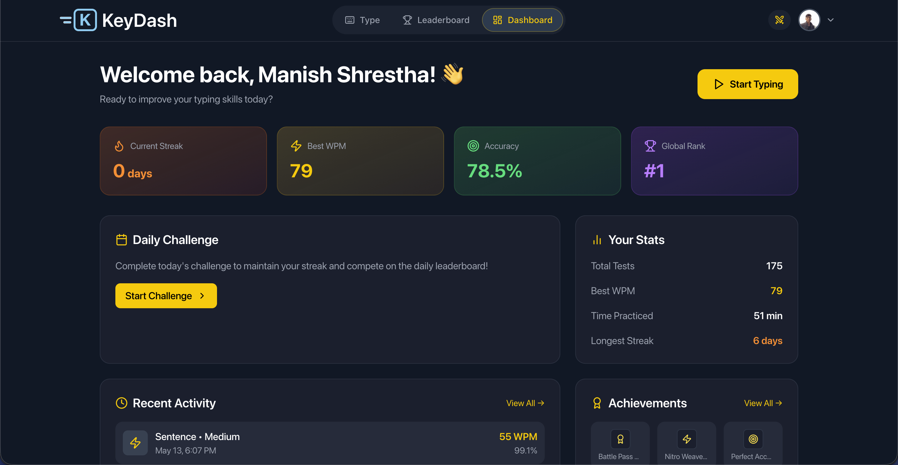 KeyDash - typing speed and accuracy testing platform by Manish